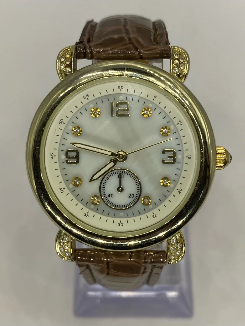 Men’s ^^^ Gold-Tone *** Iced  Crystal Accent Watch ^^^ Tan  Brown Leather Strap